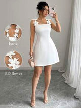 Elenzga Women's Spring And Summer Elegant 3D Floral Strap Design Waist Fitted Minimalist Casual Short Dress