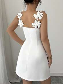 Elenzga Women's Spring And Summer Elegant 3D Floral Strap Design Waist Fitted Minimalist Casual Short Dress