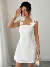 Elenzga Women's Spring And Summer Elegant 3D Floral Strap Design Waist Fitted Minimalist Casual Short Dress