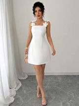 Elenzga Women's Spring And Summer Elegant 3D Floral Strap Design Waist Fitted Minimalist Casual Short Dress