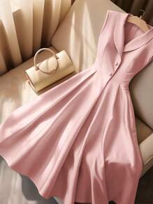 Plus Size Women Pink Collar Pleated Button Front Sleeveless Dress