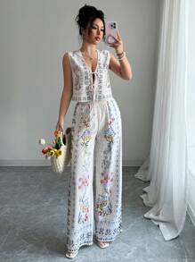 Elenzga 2pcs Women Casual Floral Print Tied Front Sleeveless Shirt and Pants