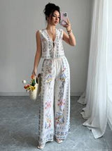 Elenzga 2pcs Women Casual Floral Print Tied Front Sleeveless Shirt and Pants
