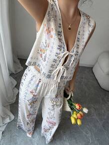 Elenzga 2pcs Women Casual Floral Print Tied Front Sleeveless Shirt and Pants