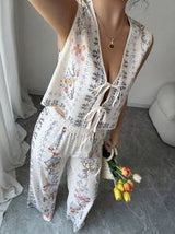 Elenzga 2pcs Women Casual Floral Print Tied Front Sleeveless Shirt and Pants