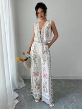 Elenzga 2pcs Women Casual Floral Print Tied Front Sleeveless Shirt and Pants