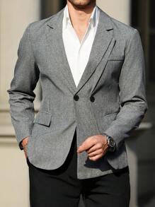 Manfinity Bizformal Men's Stylish Patchwork Solid Color Business Suit Blazer,The Men's Business Casual Suit Jacket, With Its Unique Single-Sided Double Collar Design, Is The Highlight Of The Overall Look, Breaking The Singleness Of The Traditional Suit Co