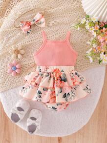 2pcs Baby Girls Floral Layered Ruffled Patchwork Romper Dress With Bow Decoration, Cinched Waist, & Matching Headband/Hair Tie, Summer Countryside Style