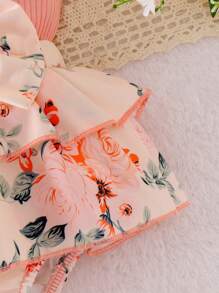 2pcs Baby Girls Floral Layered Ruffled Patchwork Romper Dress With Bow Decoration, Cinched Waist, & Matching Headband/Hair Tie, Summer Countryside Style