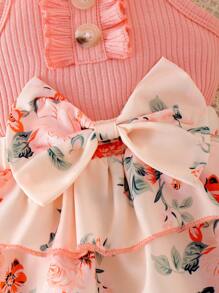 2pcs Baby Girls Floral Layered Ruffled Patchwork Romper Dress With Bow Decoration, Cinched Waist, & Matching Headband/Hair Tie, Summer Countryside Style