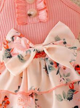 2pcs Baby Girls Floral Layered Ruffled Patchwork Romper Dress With Bow Decoration, Cinched Waist, & Matching Headband/Hair Tie, Summer Countryside Style