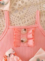 2pcs Baby Girls Floral Layered Ruffled Patchwork Romper Dress With Bow Decoration, Cinched Waist, & Matching Headband/Hair Tie, Summer Countryside Style
