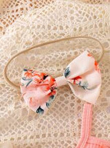 2pcs Baby Girls Floral Layered Ruffled Patchwork Romper Dress With Bow Decoration, Cinched Waist, & Matching Headband/Hair Tie, Summer Countryside Style