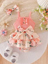 2pcs Baby Girls Floral Layered Ruffled Patchwork Romper Dress With Bow Decoration, Cinched Waist, & Matching Headband/Hair Tie, Summer Countryside Style