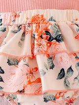 2pcs Baby Girls Floral Layered Ruffled Patchwork Romper Dress With Bow Decoration, Cinched Waist, & Matching Headband/Hair Tie, Summer Countryside Style
