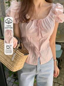 Women's Solid Fitted Belted Puff Sleeve Fitted Short Sleeve Pink Blouse