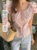 Women's Solid Fitted Belted Puff Sleeve Fitted Short Sleeve Pink Blouse