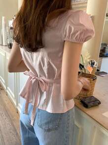Women's Solid Fitted Belted Puff Sleeve Fitted Short Sleeve Pink Blouse