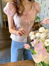 Women's Solid Fitted Belted Puff Sleeve Fitted Short Sleeve Pink Blouse