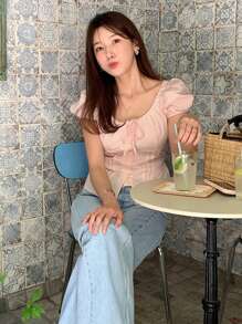 Women's Solid Fitted Belted Puff Sleeve Fitted Short Sleeve Pink Blouse
