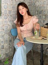 Women's Solid Fitted Belted Puff Sleeve Fitted Short Sleeve Pink Blouse