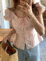 Women's Solid Fitted Belted Puff Sleeve Fitted Short Sleeve Pink Blouse