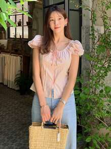 Women's Solid Fitted Belted Puff Sleeve Fitted Short Sleeve Pink Blouse