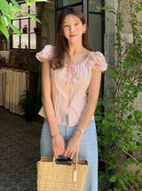 Women's Solid Fitted Belted Puff Sleeve Fitted Short Sleeve Pink Blouse