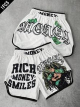 Manfinity Streetrush Men's Street-Style Sports Shorts For INS-Inspired Outfits, Featuring A High-Street "Money And Prosperity" Creative Dreadlock Hip-Hop Rock Portrait With Oversized Dual-Sided Letter Prints In White, Perfect For Music Festivals, Hawaiian