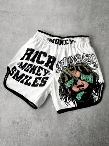 EASYOWN Streetrush Men's Street-Style Sports Shorts For INS-Inspired Outfits, Featuring A High-Street "Money And Prosperity" Creative Dreadlock Hip-Hop Rock Portrait With Oversized Dual-Sided Letter Prints In White, Perfect For Music Festivals, Hawaiian