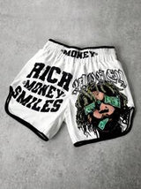 Manfinity Streetrush Men's Street-Style Sports Shorts For INS-Inspired Outfits, Featuring A High-Street "Money And Prosperity" Creative Dreadlock Hip-Hop Rock Portrait With Oversized Dual-Sided Letter Prints In White, Perfect For Music Festivals, Hawaiian