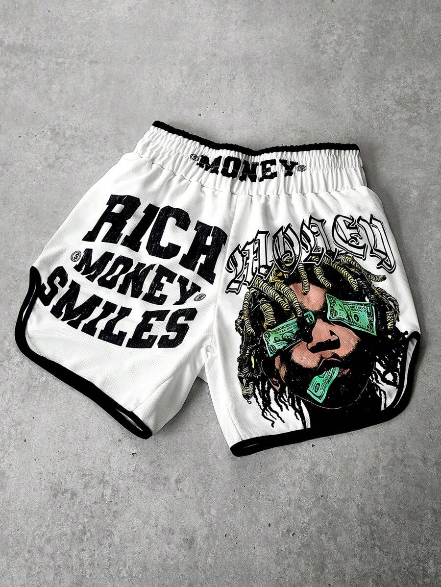 Manfinity Streetrush Men's Street-Style Sports Shorts For INS-Inspired Outfits, Featuring A High-Street "Money And Prosperity" Creative Dreadlock Hip-Hop Rock Portrait With Oversized Dual-Sided Letter Prints In White, Perfect For Music Festivals, Hawaiian
