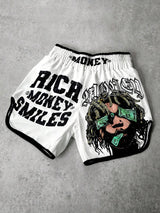 Manfinity Streetrush Men's Street-Style Sports Shorts For INS-Inspired Outfits, Featuring A High-Street "Money And Prosperity" Creative Dreadlock Hip-Hop Rock Portrait With Oversized Dual-Sided Letter Prints In White, Perfect For Music Festivals, Hawaiian
