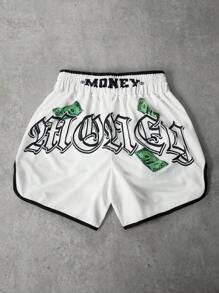 Manfinity Streetrush Men's Street-Style Sports Shorts For INS-Inspired Outfits, Featuring A High-Street "Money And Prosperity" Creative Dreadlock Hip-Hop Rock Portrait With Oversized Dual-Sided Letter Prints In White, Perfect For Music Festivals, Hawaiian