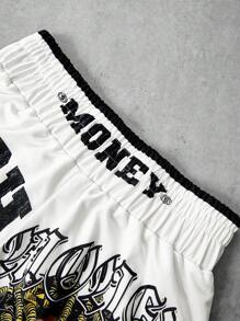 Manfinity Streetrush Men's Street-Style Sports Shorts For INS-Inspired Outfits, Featuring A High-Street "Money And Prosperity" Creative Dreadlock Hip-Hop Rock Portrait With Oversized Dual-Sided Letter Prints In White, Perfect For Music Festivals, Hawaiian