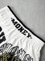 Manfinity Streetrush Men's Street-Style Sports Shorts For INS-Inspired Outfits, Featuring A High-Street "Money And Prosperity" Creative Dreadlock Hip-Hop Rock Portrait With Oversized Dual-Sided Letter Prints In White, Perfect For Music Festivals, Hawaiian