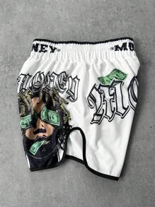 Manfinity Streetrush Men's Street-Style Sports Shorts For INS-Inspired Outfits, Featuring A High-Street "Money And Prosperity" Creative Dreadlock Hip-Hop Rock Portrait With Oversized Dual-Sided Letter Prints In White, Perfect For Music Festivals, Hawaiian