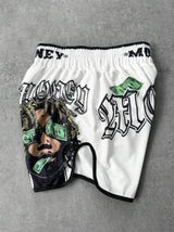 Manfinity Streetrush Men's Street-Style Sports Shorts For INS-Inspired Outfits, Featuring A High-Street "Money And Prosperity" Creative Dreadlock Hip-Hop Rock Portrait With Oversized Dual-Sided Letter Prints In White, Perfect For Music Festivals, Hawaiian