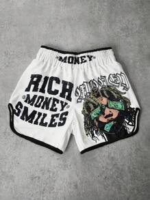 Manfinity Streetrush Men's Street-Style Sports Shorts For INS-Inspired Outfits, Featuring A High-Street "Money And Prosperity" Creative Dreadlock Hip-Hop Rock Portrait With Oversized Dual-Sided Letter Prints In White, Perfect For Music Festivals, Hawaiian