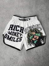 Manfinity Streetrush Men's Street-Style Sports Shorts For INS-Inspired Outfits, Featuring A High-Street "Money And Prosperity" Creative Dreadlock Hip-Hop Rock Portrait With Oversized Dual-Sided Letter Prints In White, Perfect For Music Festivals, Hawaiian