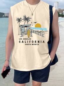 Manfinity Chillmode Men's Tropical & Letter Printed Sleeveless Tank Top, Vacation Style For Summer