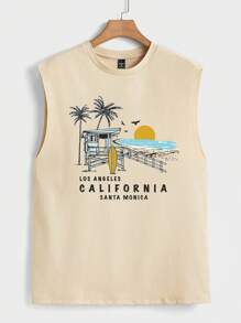 Manfinity Chillmode Men's Tropical & Letter Printed Sleeveless Tank Top, Vacation Style For Summer