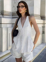 2pcs/Set Women's Summer Casual Solid Color Halter Top And Shorts Set