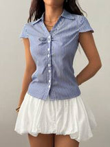 Flirla Casual Style Cinched Waist Front Open Hooded Short Sleeve Shirt