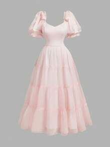 Plus Size Ruffle Tiered Flare Hem Dress, Pink, Bow Decor, Organza, Dreamy Romantic Style, Suitable For Date, Party, Holiday, Tea Party, Birthday Outfit Mother Day Outfit 4th Of July Women Mother Day Gift Women Formal Party Dress Women Dresses Wo