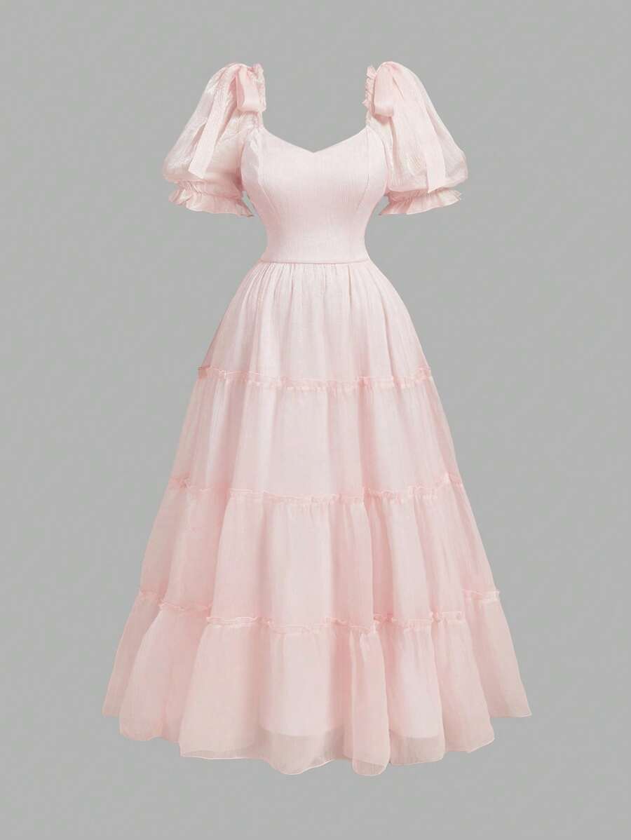 Plus Size Ruffle Tiered Flare Hem Dress, Pink, Bow Decor, Organza, Dreamy Romantic Style, Suitable For Date, Party, Holiday, Tea Party, Birthday Outfit Mother Day Outfit 4th Of July Women Mother Day Gift Women Formal Party Dress Women Dresses Wo