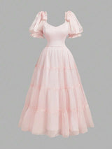 Plus Size Ruffle Tiered Flare Hem Dress, Pink, Bow Decor, Organza, Dreamy Romantic Style, Suitable For Date, Party, Holiday, Tea Party, Birthday Outfit Mother Day Outfit 4th Of July Women Mother Day Gift Women Formal Party Dress Women Dresses Wo