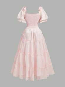 Plus Size Ruffle Tiered Flare Hem Dress, Pink, Bow Decor, Organza, Dreamy Romantic Style, Suitable For Date, Party, Holiday, Tea Party, Birthday Outfit Mother Day Outfit 4th Of July Women Mother Day Gift Women Formal Party Dress Women Dresses Wo
