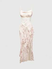 ROMWE Kawaii Women's Floral Print Lace-Up Ruffle Strap Dress