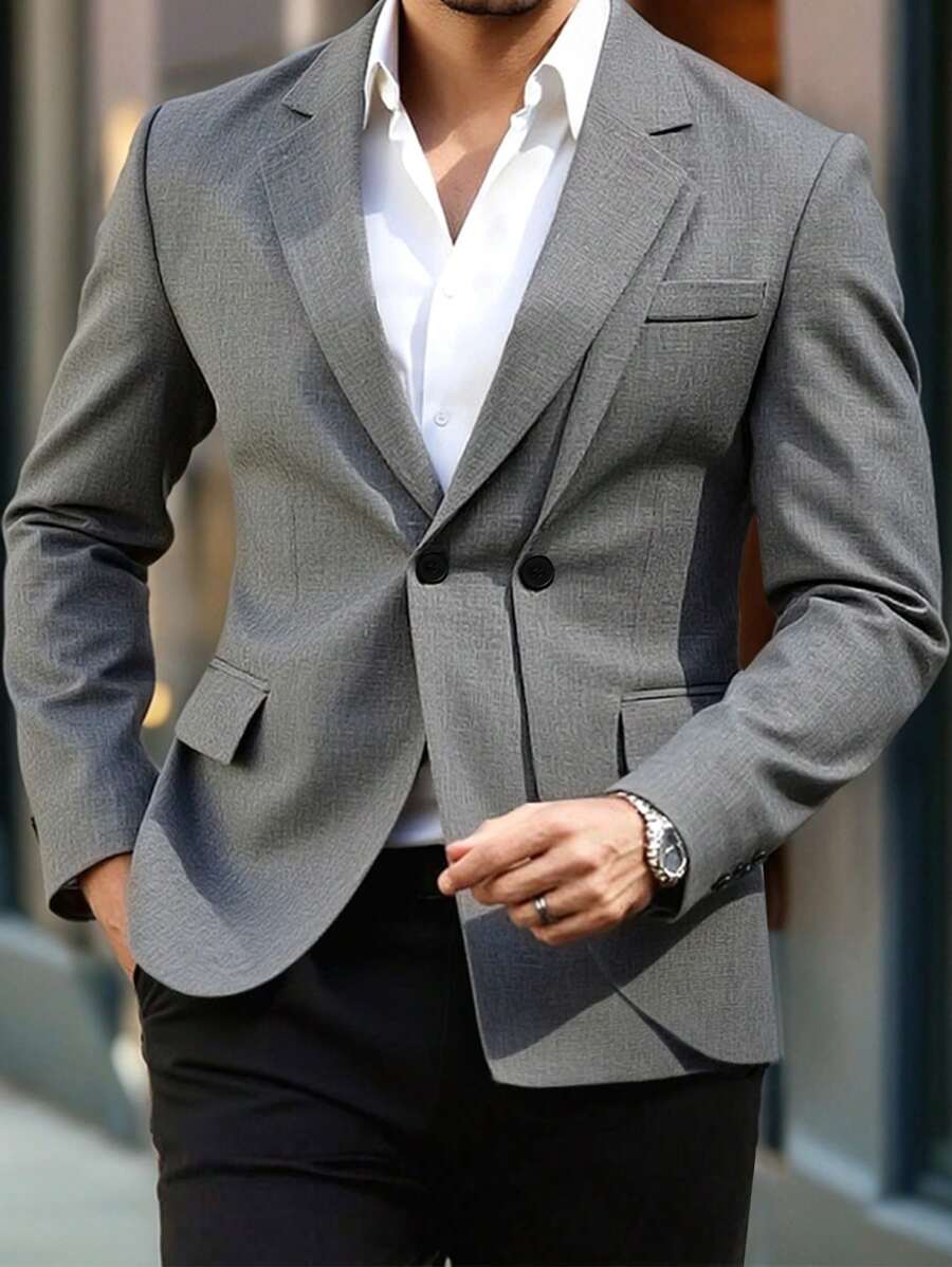 Manfinity Bizformal Men's Stylish Patchwork Solid Color Business Suit Blazer,The Men's Business Casual Suit Jacket, With Its Unique Single-Sided Double Collar Design, Is The Highlight Of The Overall Look, Breaking The Singleness Of The Traditional Suit Co